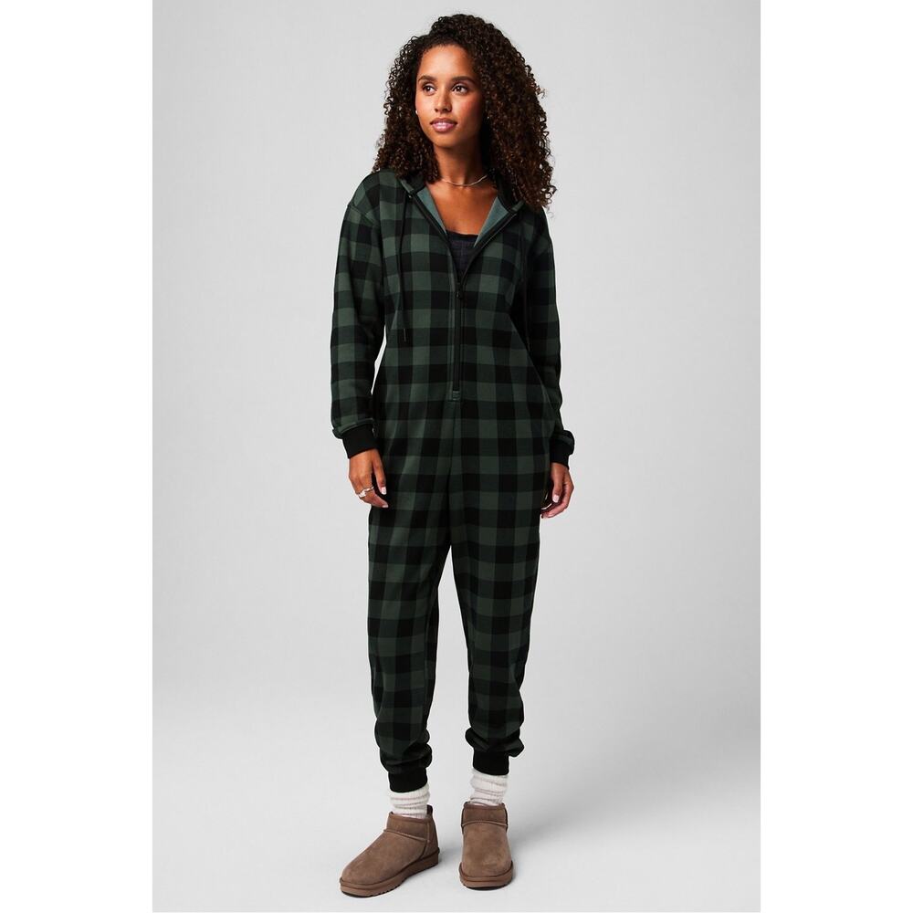 Fabletics Fleece Hooded  Onesie One Piece Pajama, Green Black Womens Sz M
